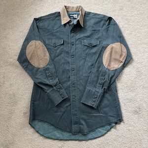 Vintage 90s Wrangler Shirt Medium M Green Elbow Patches Pearl Snap Xlong Tail